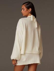 Athîral Women's Autumn Clothes V-Neck Solid Light Yellow Halterneck Sleeveless Mini Dress And Long-Sleeved Jacket Elegant Two Pieces Set - White - View 2