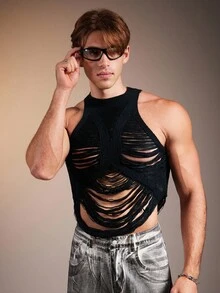 FeverCity Men's Fashionable Hollow Out Distressed Sleeveless Knit Top, Fall, Winter - Black - View 3