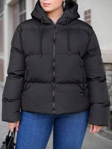 RueChic Plus Size Zip Up Hooded Puffer Coat, For Winter - Black - View 4