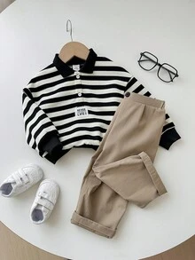 SHEIN 2 件男婴秋冬可爱百搭条纹长袖领运动衫和松紧腰休闲裤套装，适合生日派对、狂欢、晚会、表演、婚礼、宝宝满月、洗礼和 1 岁生日庆祝活动 - 彩色 - 查看 7