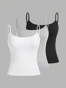 SHEIN EZwear 3件套加大码女士休闲紧身吊带背心，适合秋季穿着，女士秋装细肩带背心套装，3件装，女士吊带背心，女士细肩带背心 - 彩色 - 查看 1