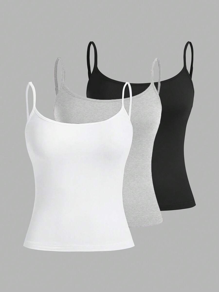 SHEIN EZwear 3件套加大码女士休闲紧身吊带背心,适合秋季穿着,女士秋装细肩带背心套装,3件装,女士吊带背心,女士细肩带背心 - 彩色 - 查看 1