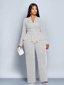 SOLERSUN 大码女装秋冬优雅条纹V领长袖T恤和阔腿裤两件套，不对称下摆两件套，休闲日常穿着，女装冬装女装秋装，包裹性，扭纹，腰带，黑白条纹提花纹理面料，日常穿着，通勤，购物 - 白色 - 查看 7