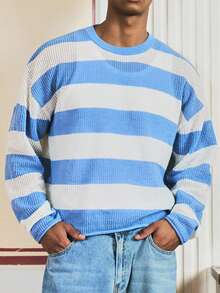 SWAVVY Jersey de cuello redondo de manga larga con estampado de rayas casual para hombre, para otoño e invierno - Celeste - Ver 6