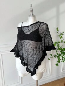 SHEIN EZwear 大码女式绿色荷叶边下摆半透明休闲钩针斗篷，适合夏季外出和约会 - 黑色 - 查看 1