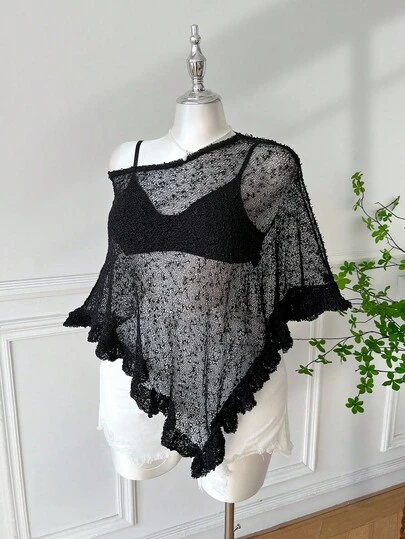 Comfortcana Plus Size Women's Green Ruffled Hem Semi-Sheer Casual Crochet Poncho, Suitable For Summer Outings And Dates,Back To School