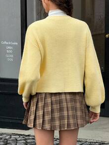 Jouncy 女式纯色V领前扣休闲百搭长袖开衫 - 黃色 - 查看 3