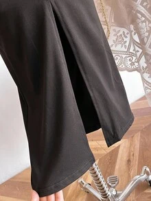 SHEIN Teen Girls Strapless Slit Snug Fit Dress, Fashionable , Fitted Design, High Waist Slit, Suitable For Parties - Black - View 4