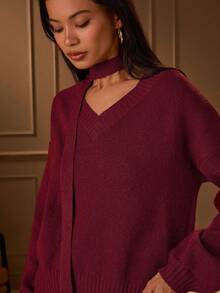 Lilora Damen Einfarbiger Pullover, Drop-Shoulder Langarm und gestrickter Mini-Rock Lässig 2-teiliges Set, Herbst - Bordeaux - Übersicht 7