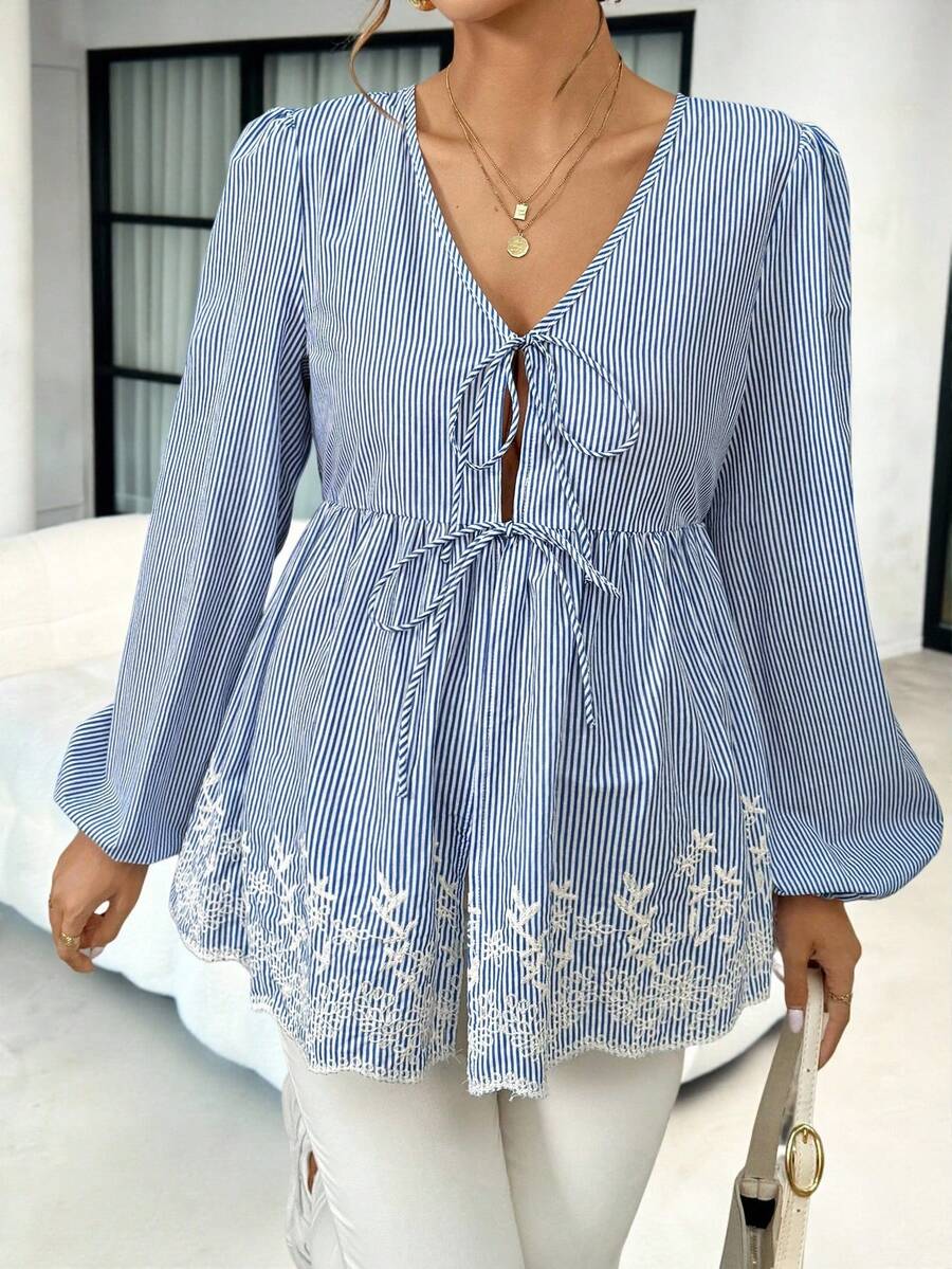 SHEIN Loose Maternity Front Tie Striped Burn-Out Embroidered Ruffle Hem Blouse - Blue and White - View 1