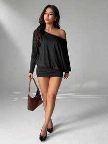 SHEIN PETITE Váy mini ôm sát tay dài hở vai gợi cảm, phong cách đường phố cho lễ hội âm nhạc, váy mùa hè cho nữ - màu đen - Xem 5