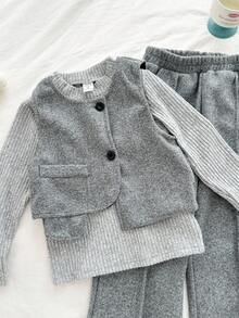 SHEIN 3pcs Young Girl Autumn/Winter Outfit Set: Asymmetrical Top + Ribbed Turtleneck Sweater + Wide Leg Pants - Grey - View 5