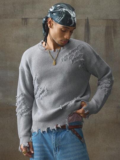 AXEPEAK Men's Casual Solid Color Round Neck Drop Shoulder Distressed Sweater, Autumn/Winter