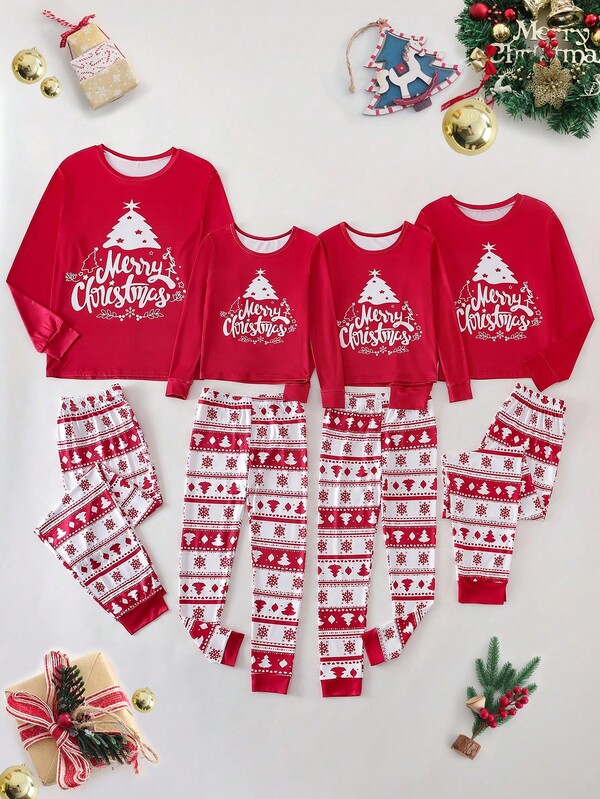 SHEIN 1 Set Merry Christmas Boy Pajamas, Snug Fit Pajamas With Red Long Sleeve Top Featuring A White Decorative Christmas Tree Pattern And "Merry Christmas" Text In Cursive Font, Coordinating Patterned Bottoms With Layered Christmas Trees And White Snowflakes, Stretchy And Breathable Knit Fabric, Machine Washable, Comfortable Fit, Easy Care, Mommy And Me Matching Outfits (4 Sets Sold Separately) Family Christmas Pajamas Set Snug Fit Pajamas Fall Winter