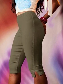MISSGUIDED Olive High Waist Capri Pants Casual Summer Stretch Fitted Pedal Pushers With Side Slit Hem Detail Women Cropped Trousers - Army Green - View 6