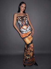 SHEIN ICON 虎纹露背连衣裙 - 棕色 - 查看 4