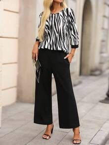 EMERY ROSE Conjunto casual de 2 piezas de camisa de cuello redondo de manga 3/4 y pantalones con estampado de cebra para mujer, ropa de otoño para mujer, conjunto elegante con estampado animal, conjunto chic de mujer, conjunto de 2 piezas para mujer en otoño - Negro - Ver 7