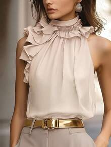 Balvessa Women's Elegant Camel Halter Top With Ruffle Detail And Sleeveless Design - Camel - View 1