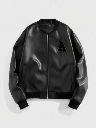 Street Life Men's Fashion Casual PU Applique Zip-Up Jacket