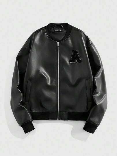 Street Life Veste zippée décontractée en PU avec appliqué pour homme, automne