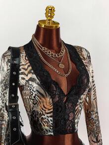 Amplova 性感豹纹亮片蕾丝前短款女式上衣