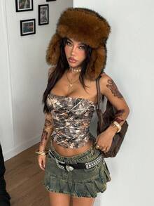 Coolane Women's Fall/All-Season Streetwear Going Out Y2K Grunge Casual Tree Branch Pattern Drawstring Tan Tube Top - Multicolor - View 5