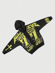 ROMWE MEN Street Life Men's Retro Numeric & Letter Print Hooded Sweatshirt, Fall - Black - View 1