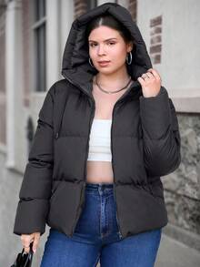 RueChic Plus Size Zip Up Hooded Puffer Coat, For Winter - Black - View 3