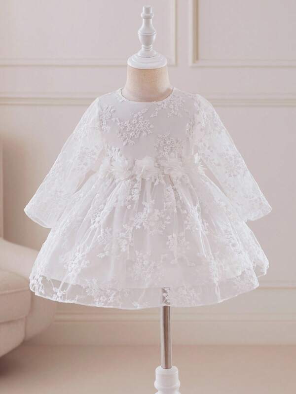 Glamorique Kids Vestido elegante de niña bebé con bordado de flores 3D en malla, adecuado para vacaciones, ocasiones formales y fiestas