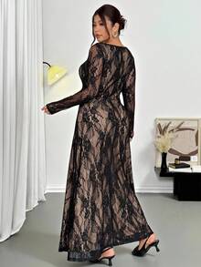 Firerie Rochie de seară cu mânecă lungă din dantelă, în culori contrastante, cu tiv evazat, mărime plus, sexy pentru petrecere, întâlnire, seară, bal, potrivită pentru primăvară și începutul toamnei - Negru - Vizualizare 2