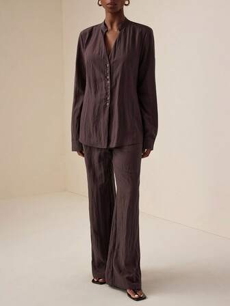 Vesra Women's Casual Solid Color Notched Collar Single-Breasted Long Sleeve Tie-Back Shirt And Wide-Leg Pants Set, Spring/Autumn Fall Cloth For Women