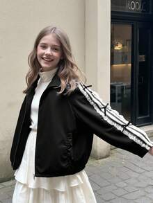 SHEIN Girls' Fashion Sweet Side Ribbon Bow Zip-Up Jacket, Suitable For Spring And Autumn Fall Winter - Black - View 3