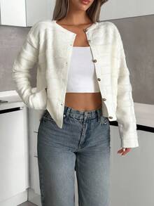 SHEIN Tall Tall Women Autumn Winter Casual & Elegant Solid Button Textured Cardigan,Cardigans,Long Cardigans Woman,Petite - Apricot - View 1