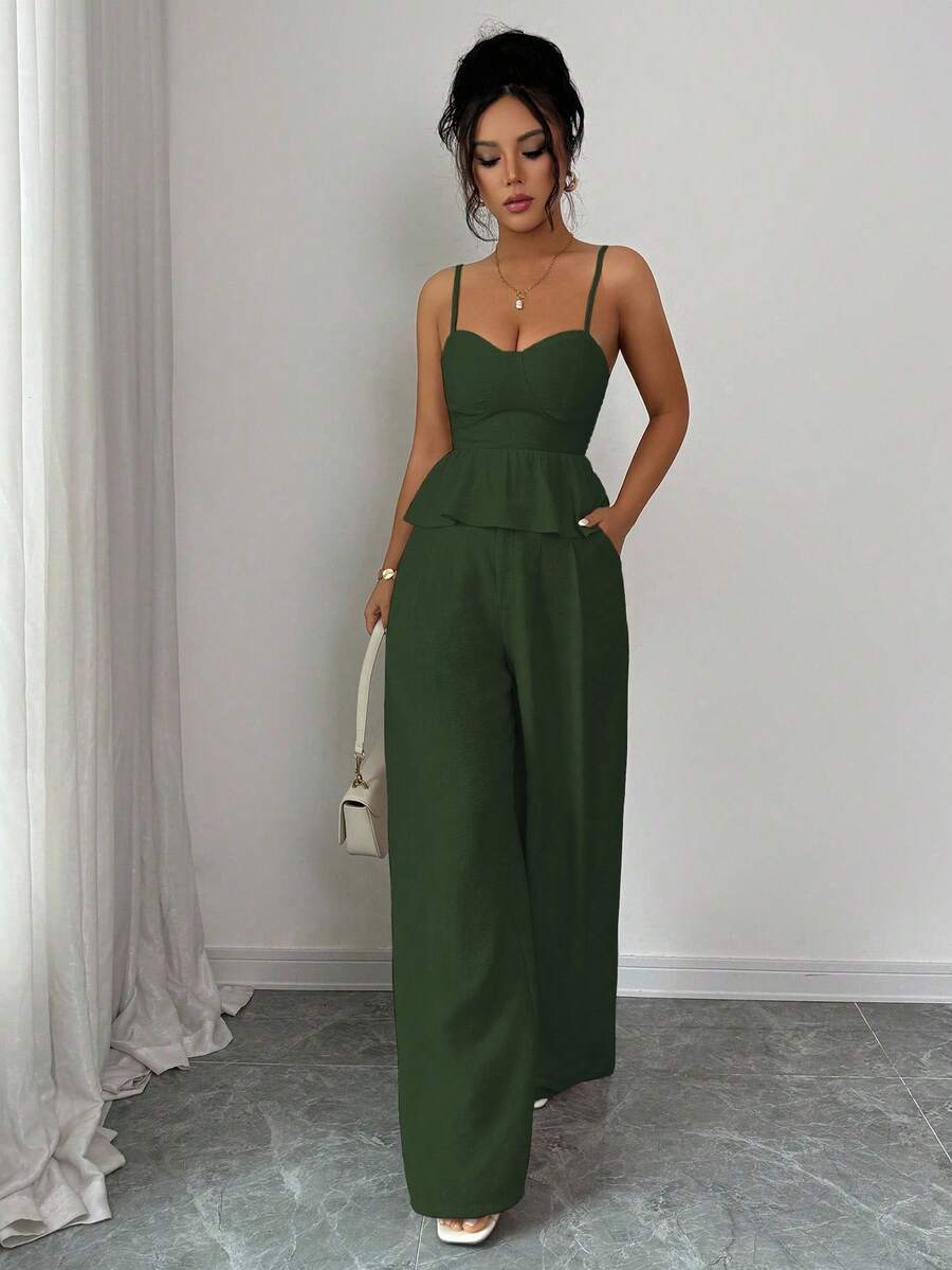 Selianne Women's Apricot Elegant Sleeveless Crop Top And Straight Leg Pants 2 Pieces Set, Summer - Army Green - View 1