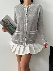 Lyxana Cárdigan casual de mujer con cuello redondo, botones delanteros, diseño de rombos y bolsillos, en colores contrastantes - Gris Claro - Ver 7