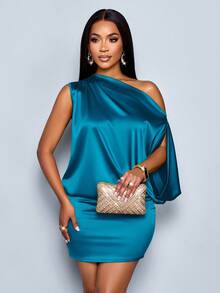 SOLERSUN Women's Elegant Asymmetric Collar Satin Bodycon Mini Dress For Women - Teal Blue - View 7