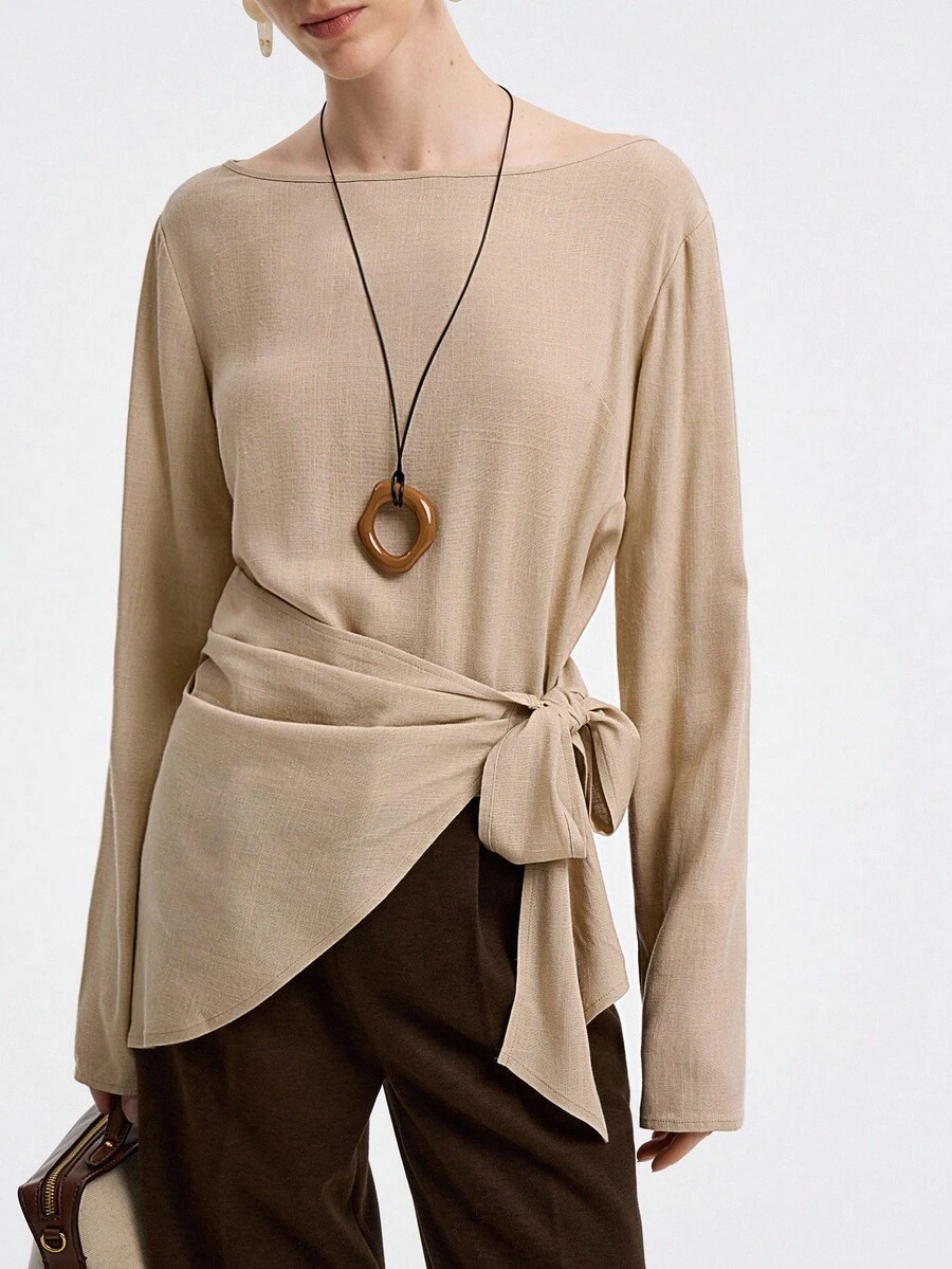 Aalyst Casual & Commute Fashionable High-End Linen Blend Woven Fabric Round Neck Raglan Long Sleeve Tie Waist Slim Asymmetrical Hem Women Blouse Fall Cloth For Women