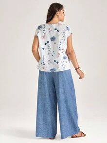 Comfylo Women White Summer Casual Flowy Everyday V-Neck Floral Print Top & Pants Set,Plus Size Vacation Resort Outfits,Chic Work Office Clothes,Streetwear - Multicolor - View 6