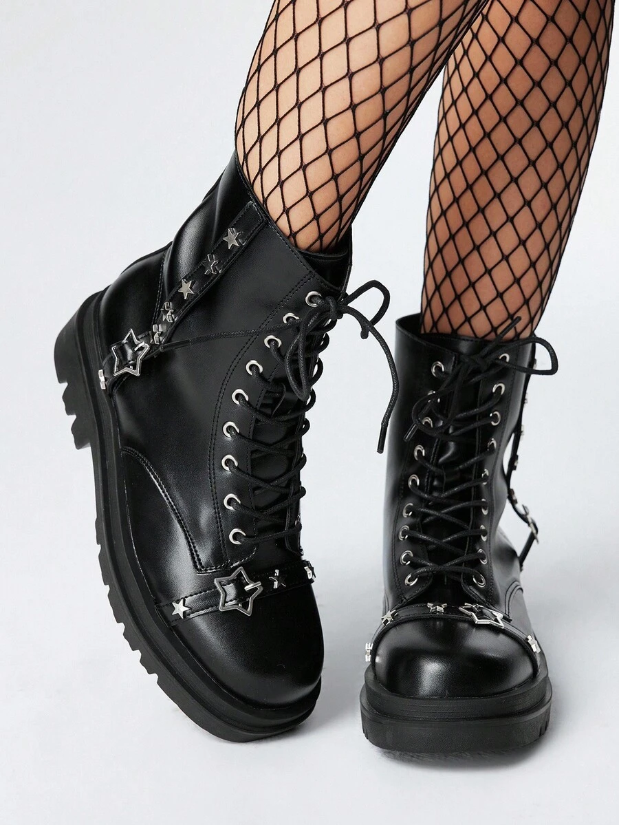 ROMWE Grunge Punk Women's Gothic Style Round Toe Rivet Metal Buckle Thick Heel PU Leather Black Punk Boots, Suitable For Party, Daily Wear, And Casual Styles, Halloween - Black - View 1