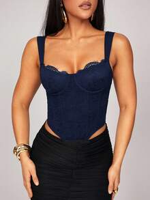 Silquee 女士百搭紧身拼接蕾丝文胸华丽上衣，弧形下摆花卉蕾丝紧身胸衣上衣，适合春假、海滩度假、夜间外出、聚会、海滩派对、泳池派对、假日、休闲派对、小屋度假、日常穿着 - 藏蓝色 - 查看 7