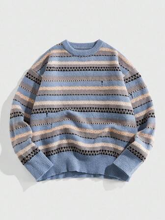 Street Life Men's Striped Dropped Shoulder Loose Knit Sweater, Fall Winter