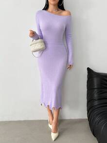 Modelyn Conjunto de 2 piezas de suéter de unicolor elegante con cuello asimétrico y falda de punto para mujer - Morado - Ver 4