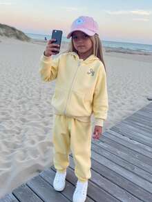 2pcs/Set Toddler Girls' Fashion Cream Bow Embroidery Hooded Jacket + Elastic Waist Fitted Ankle Pants, Casual Sports Outfit, Spring/Autumn Toddler Track Suit Kids Outfit Set Boy Clothes Set Kids Zip Up Hoodie Set Toddler Tracksuit Set Fall Winter - Apricot - View 1