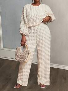 Slaydiva Autumn Plus Size Women Casual Elegant Bubble Sleeve Top And Wide Leg Pants Set,Peach Everyday Smart Casual Street Style,Fall Clothes For Women - Brown - View 10