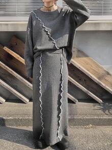 FRIFUL Women's Loose Fit Drop Shoulder Colorblock Sweater & Straight Hem Long Skirt 2 Pieces Set, Suitable For Airport Travel, Autumn - Grey - View 2