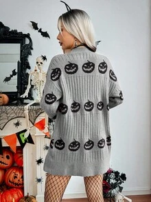 SHEIN Unity Women's Casual Pumpkin Pattern Drop Shoulder Long Sleeve Knit Cardigan, Autumn Halloween Cardigan Halloween Sweater Pumpkin Sweater - Grey - View 2