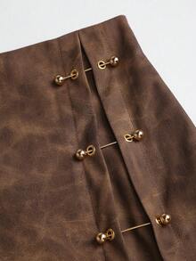 Sweetra Vintage Style PU Metal Buckle Design Short A-Line Skirt For Women, Autumn - Brown - View 3