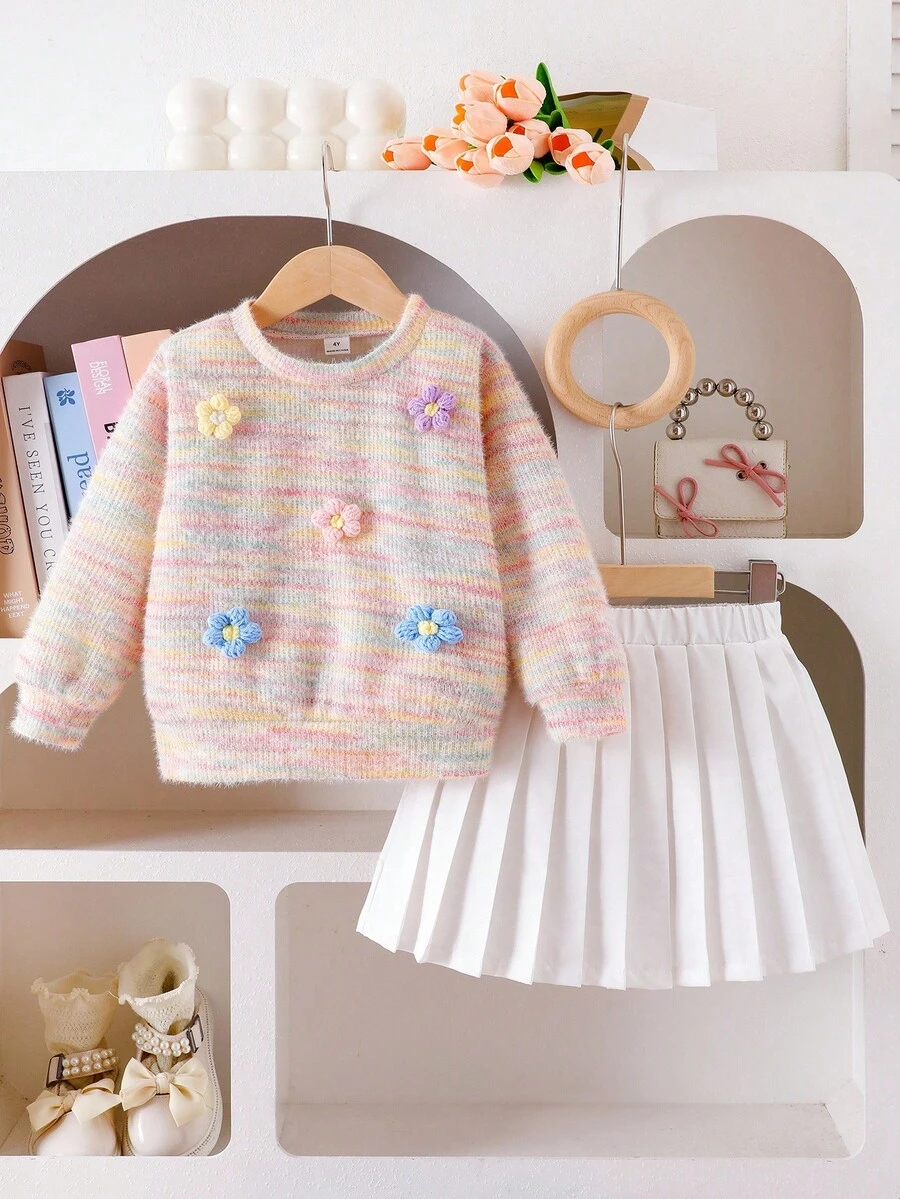 Bộ đồ 2 món gồm áo len dài tay cầu vồng in hoa 3D và chân váy xếp ly cho bé gái, dễ thương và ngọt ngào, phù hợp cho các hoạt động ngoài trời mùa thu. Quần áo mùa thu đông cho bé gái, bộ áo len và chân váy, chân váy xếp ly, áo len thêu hoa, áo len sọc pastel cho trẻ em, quần áo mùa thu đông cho bé gái, bộ đồ mùa xuân thu cho bé gái, áo len trẻ em cho bé gái, bộ chân váy mùa thu cho bé gái. - Nhiều màu - Xem 1