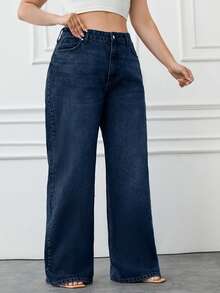 Jeans casual a gamba dritta e ampia in 100% cotone, taglia comoda per donna, colore blu