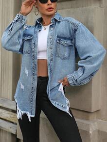 EURMUSE 女式休闲时尚街头风格翻盖口袋做旧超大牛仔夹克，春秋季 - 淺色水洗藍 - 查看 1